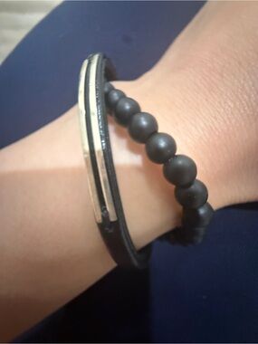 Black Beaded and Leather Accent Bracelet Set